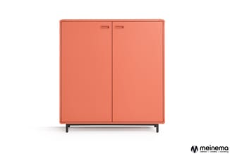 Rood-oranje kastje met twee deuren en zwarte poten, frontale weergave.