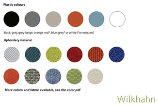 Wilkhahn kleurkeuzes: plastic in zwart, grijs, beige, oranje-rood, blauw-grijs, wit; bekleding in diverse stoffen en kleuren.