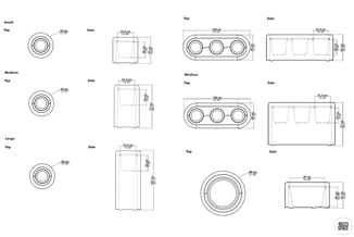 Technische tekeningen van akoestische ruimtedelers in drie maten (Small, Medium, Large) met bovenaanzicht en zijaanzicht, inc