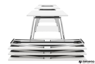 Vergadertafel met uitneembare onderdelen: tafelblad, poten, bedrading en accessoires in aluminium en grijs, onderdeel uit elk