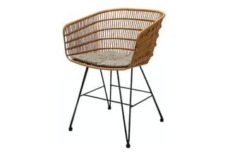 Rattan kuipstoel met grijze zitting op zwart metalen onderstel met sprieten, tegen witte achtergrond.