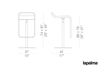 Technische tekening Lapalma bureaulamp met afmetingen: breedte 37cm/15", hoogte 74-87cm, en variant met breedte 42cm/17", hoo