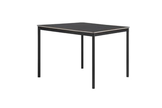 Rechthoekige vergadertafel met zwart blad en grijze rand, zwarte metalen frame en poten.