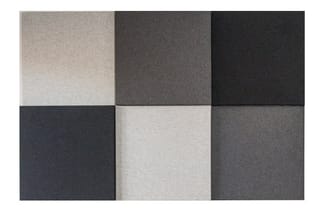 Kleurstalen van akoestische panelen in verschillende grijstinten en beige, gerangschikt in een 3x3 raster.