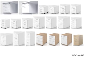 Narbutas collectie mobiele archiefkasten in wit en naturel hout, diverse uitvoeringen met 2-5 laden en wielen.