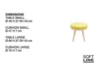 Geel rond krukje met houten poten en afmetingen: Ø47 H7 cm. Naast specificaties voor tafels en kussens van SOFT LINE.