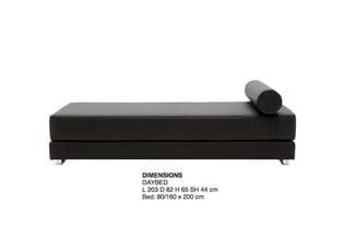 Zwarte daybed met cilindervormig kussen, afmetingen 203x82x65cm, bedmaat 80/160x200cm, op metalen poten.