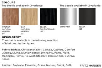 Kleurvarianten voor stoel: 3 schelpopties (walnoot, eik, zwart as) en 2 basisopties (chroom, zwart). Bekleding in diverse sto
