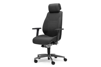 Ergonomische bureaustoel met donkergrijze stofbekleding, verstelbare armleuningen, hoofdsteun en vijfwielige voet op wieltjes