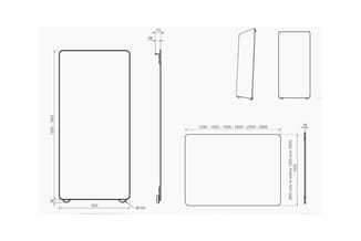 Technische tekeningen van akoestische panelen met afmetingen: staande panelen (1200-3000mm breed, 900-1900mm hoog) en hangpan