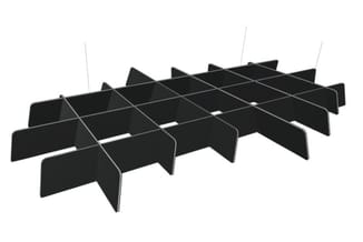 BuzziGrid akoestisch plafondelement van antraciet vilt, architectonisch grid-systeem voor geluidsabsorptie in grote ruimtes