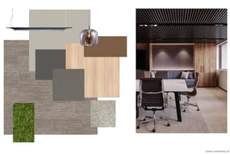 Moodboard met materiaalstalen: houten vloeren, grijze tapijten, bruine en beige texturen, groen mos, hanglamp en kantoorinter