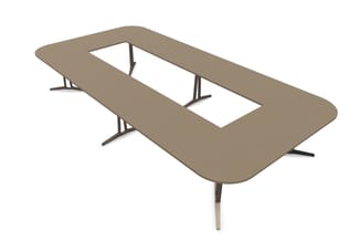 Vergadertafel met grijsbeige blad, afgeronde hoeken en rechthoekige opening in het midden, op donkerbruine metalen onderstel.
