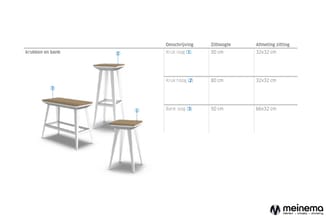 Krukken en bank: twee barkrukken en een zitbank met houten zitting en wit metalen frame, met specificatietabel voor afmetinge