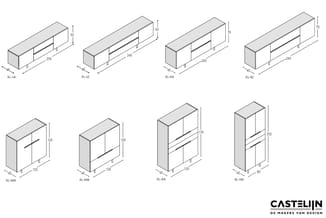Castelijn kasten assortiment met 8 modellen in verschillende afmetingen en configuraties, grijs met deuren en laden.