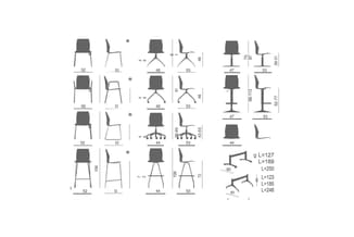 Technische tekeningen van stoelen en tafels met afmetingen in centimeters. Verschillende uitvoeringen: stapelstoelen, kantine