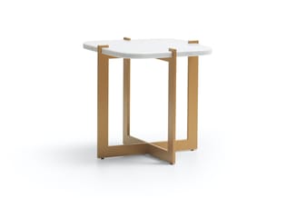 Ronde bijzettafel met wit blad en houten onderstel in natuurlijke houtkleur, X-vormig frame.