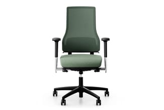 Groene ergonomische bureaustoel met hoge rugleuning, verlicht zitgedeelte, verstelbare armleuningen en zwart stervoetals onde