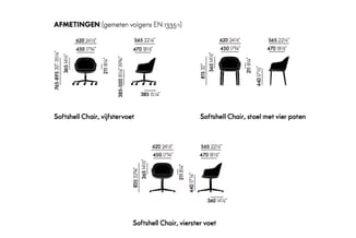 Softshell Chair afmetingen volgens EN 1335-1 norm. Drie uitvoeringen weergegeven: vijstervoet met wielen, stoel met vier pote