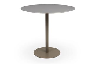 Ronde tafel met grijs blad en grijsbruine centrale voet op grijsbruine ronde voetplaat.