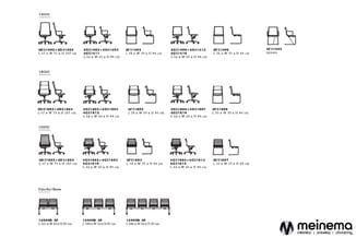 Bureaustoelen en bezoekersstoelen in drie series (14000, 18000, 16000) met afmetingen, plus modulaire panelbanken (Panche/Bea