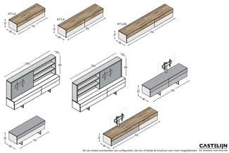 Castellijn configuratievoorbeelden: houten laden, kastmodules en banken in verschillende breedtes en afmetingen.