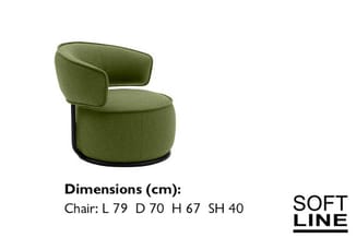 Groene ronde fauteuil met gebogen rugleuning en zwart onderstel. Afmetingen: L 79 D 70 H 67 cm, zithoogte 40 cm. Softline.