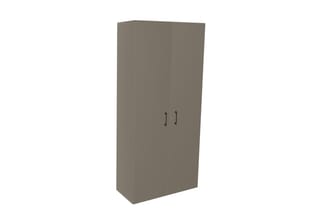 Grijsbeige kast met twee deuren en handgrepen, staande opstelling tegen witte achtergrond.
