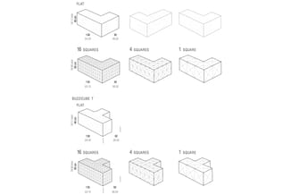 Overzichtstekening Buzzicube T akoestische elementen in flat en 16/4/1 vierkante configuraties met afmetingen.