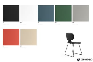 Zeven kleurvarianten voor PP-materiaal: Classic Black, Pure White, Blue Berry, Pine Green, Stone Grey, Maple Red en Simply Ta