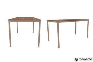 Twee rechthoekige vergadertafels met houten blad in bruin, beige metalen onderstel, verschillende perspectieven.