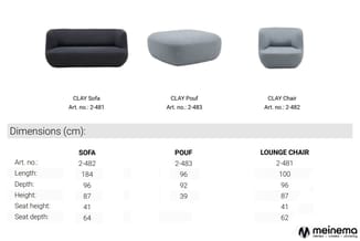 CLAY meubelcollectie: zwarte sofa (2-481), grijze pouf (2-483) en grijze stoel (2-482) met afmetingen in centimeters.