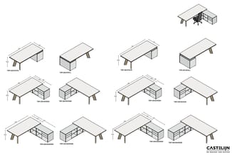 Castellijn vergadertafels in verschillende uitvoeringen: rechthoekige tafelbladen (220x100 en 250x100 cm) met houten poten, e