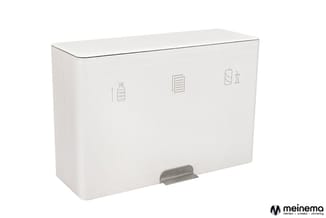 Witte afvalbak met gerecycleerde inhoud symbolen, metalen handgreep onderin, horizontaal rechthoekig design.