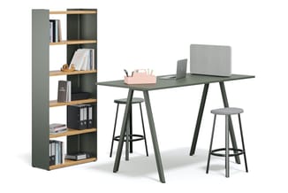 Renz Slide hoge werktafel en bijpassende boekenkast in olijfgroen en eikenhout, een minimalistische en ergonomische kantoorset