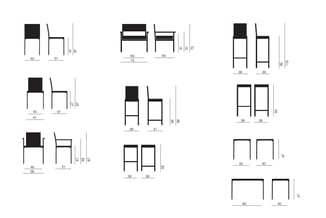 Technische tekeningen van diverse stoelen en tafels met afmetingen in centimeters. Onder meer eetkamerstoelen, barstoel, loun