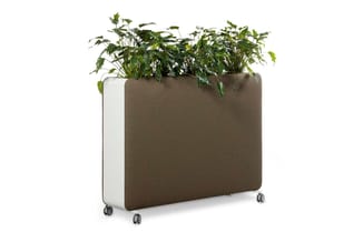 Pillow Space mobiele plantenbak met bruine stoffering, akoestische roomdivider op wielen voor kantoor