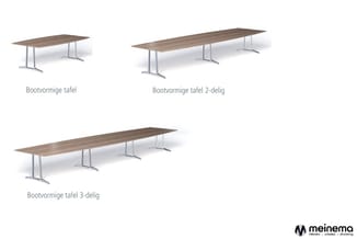Drie bootvormige tafels in verschillende uitvoeringen: enkel model, 2-delig en 3-delig model. Houten blad, wit metalen onders