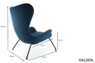 Blauwe fauteuil HALDEN met hoge gebogen rugleuning, zwarte poten, afmetingen 114cm hoog, 90cm diep, 95cm breed.