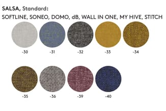 SALSA Standard kleurstalen: 9 stofmonsters in tinten grijs, blauw, zwart, goud, bruin, rood en donkerblauw met nummers -30 to