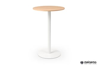 Ronde staantafel met licht houten blad en wit onderstel op ronde voetplaat.