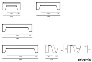 Extremis tafelmodellen met afmetingen: vier trapeziumvormige vergadertafels in verschillende lengtes (1780-3580 mm) en zijdea