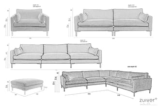 Zuiver fauteuilcollectie: grijze stoffen zetel, tweezit, driezit, hoekbank en voetenbankje met afmetingen en zitdieptecijfers