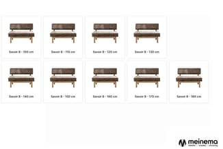 Savoir B banken in verschillende breedtes van 100 tot 180 cm, bruine bekleding, houten poten, met en zonder rug.