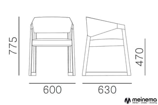 Technische tekening van twee stoelen met afmetingen: linkerstoel 600mm breed en 775mm hoog, rechterstoel 630mm breed en 470mm