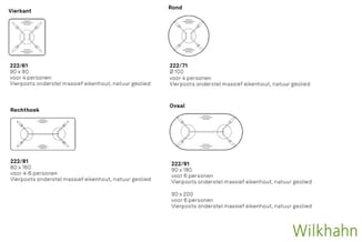 Wilkhahn vergadertafels in vier vormen: vierkant 90x90cm, rond ø100cm, rechthoek 80x160cm, ovaal 90x180cm en 90x200cm. Massie