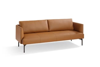 Bruine leren bank met twee zitplaatsen, zwarte metalen poten, minimalistisch design tegen witte achtergrond.