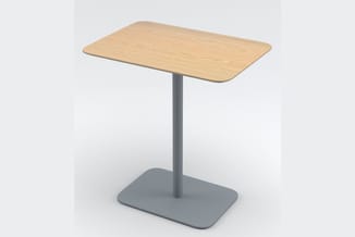 Houten bistrotafel met natuurlijke afwerking, grijs metalen poot en grijze voetplaat, rechthoekig blad met afgeronde hoeken.