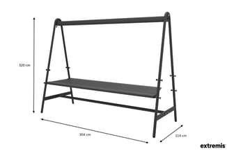 Zwart metalen schommelbankframe, A-vormig ontwerp, 304 cm breed, 114 cm diep, 320 cm hoog, met zitplek en ondersteunende balk