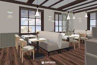 Modern kantoor met witte hanglampen, houten tafels, beige zitbanken, houten stoelen, donkere balkenplafond en grote ramen met
